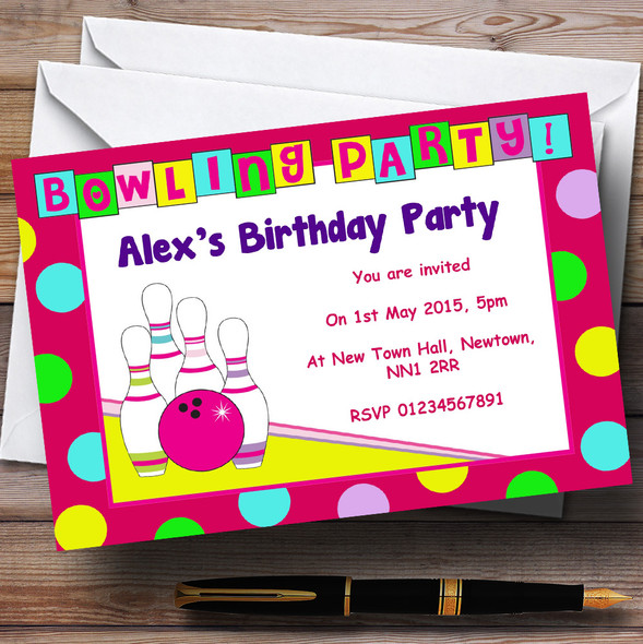 Bowling Pink Personalised Birthday Party Invitations