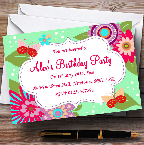 Flowers Butterflies Pretty Personalised Birthday Party Invitations