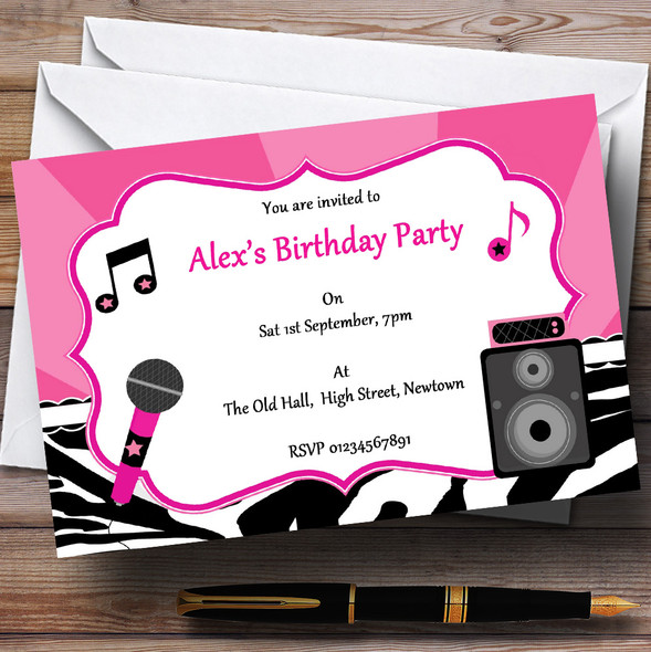 Karaoke Pop star Black And Pink Personalised Birthday Party Invitations