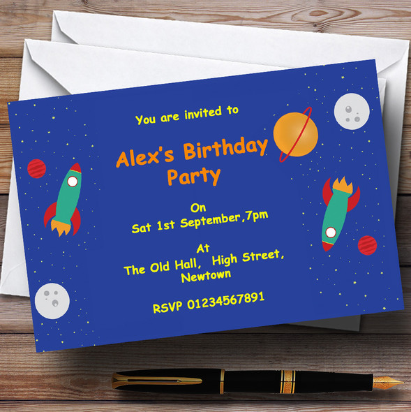 Outer Space Rocket Blue Personalised Birthday Party Invitations