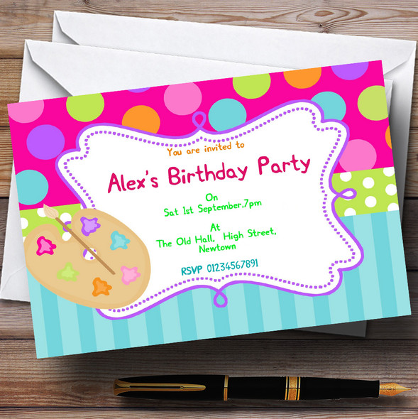 Pink And Aqua Painting Arts And Craft Personalised Birthday Party Invitations