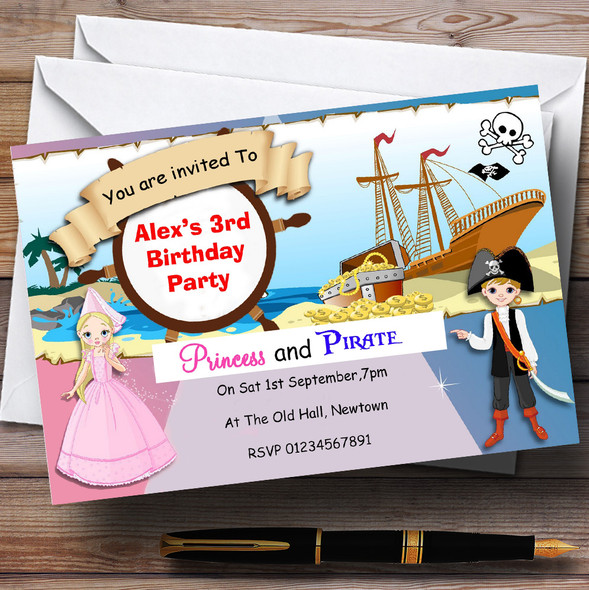 Princess And Pirate Ship Theme Personalised Birthday Party Invitations