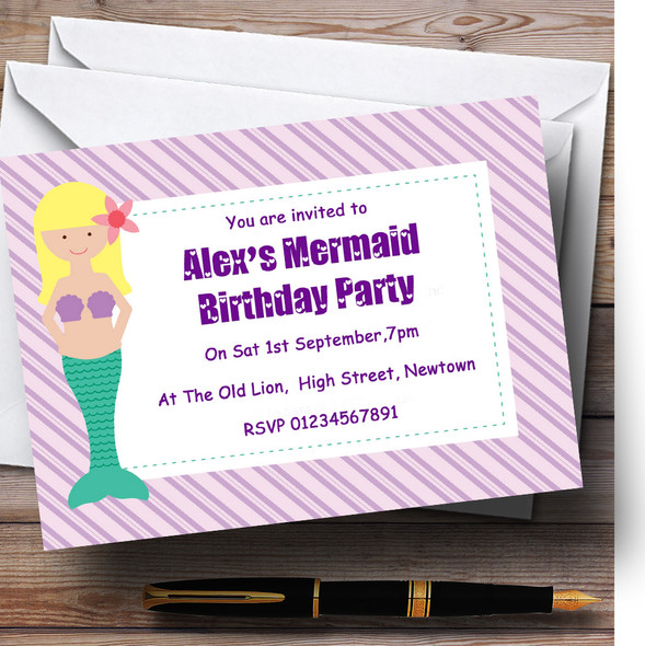 Purple Mermaid Theme Personalised Birthday Party Invitations