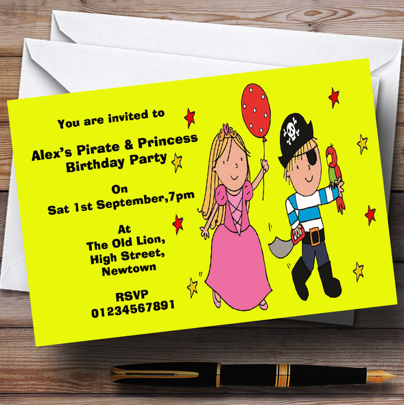 Yellow Pirate And Princess Theme Personalised Birthday Party Invitations