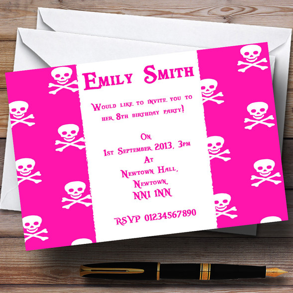 Pink Skull & Crossbones Pirate Personalised Children's Party Invitations