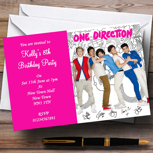 D Pink One Direction Personalised Children's Party Invitations