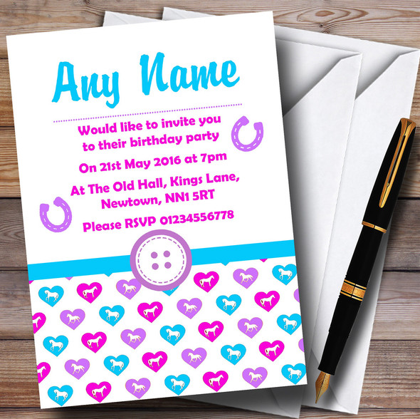 Pink Aqua And White Horses Personalised Children's Birthday Party Invitations