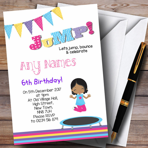 Dark Skinned Girl Trampoline Children's Birthday Party Invitations