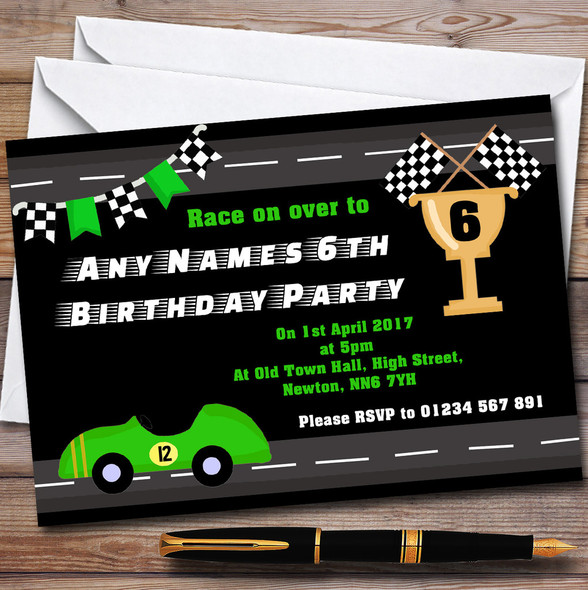 Green Racing Car & Flag Children's Birthday Party Invitations