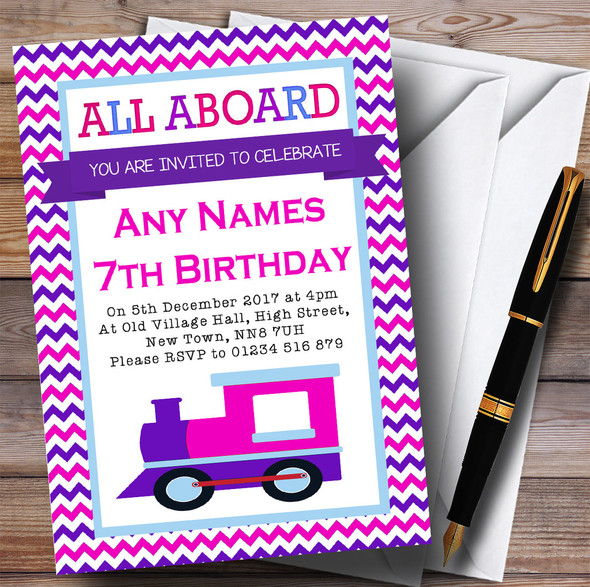 Pink & Purple Chevrons Train Children's Birthday Party Invitations