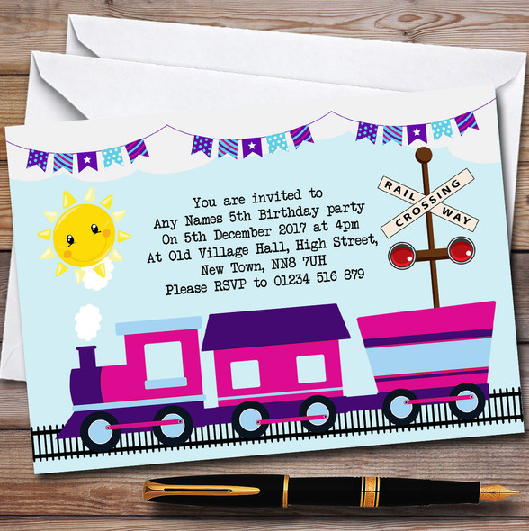 Pink & Purple Train Children's Birthday Party Invitations