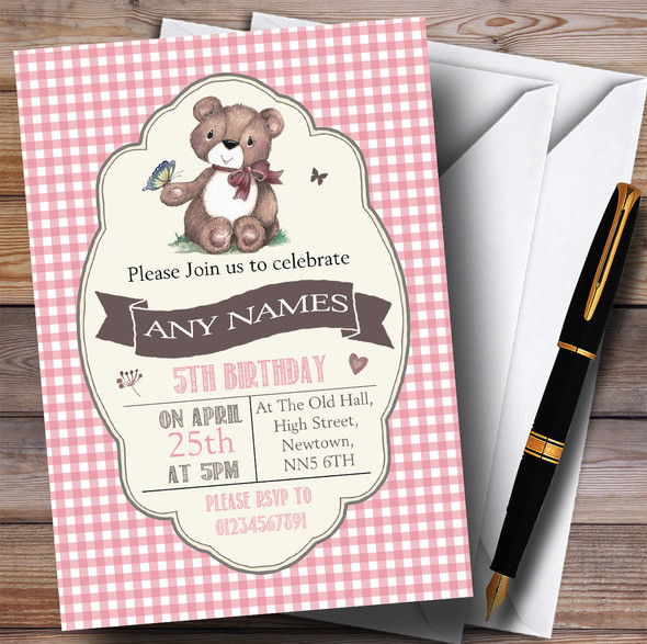 Pink Girls Teddy Bear Picnic Children's Birthday Party Invitations