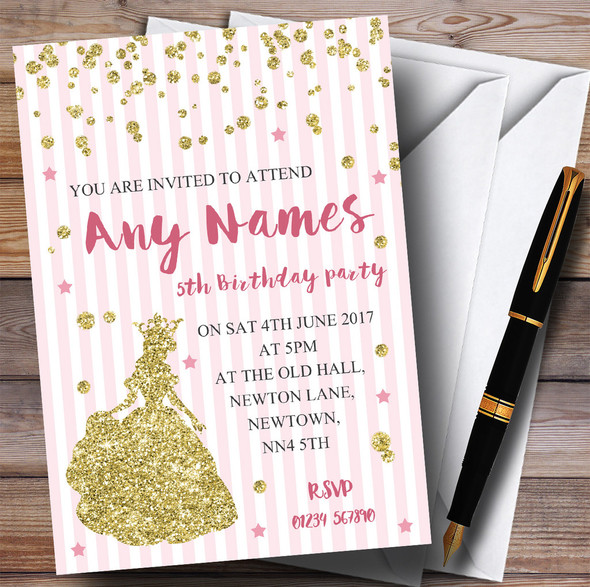 Pink Stripes Gold Glitter Princess Children's Birthday Party Invitations