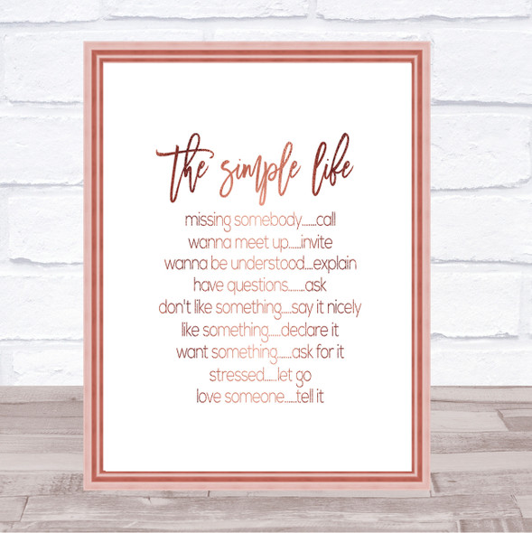 Simple Life Quote Print Poster Rose Gold Wall Art