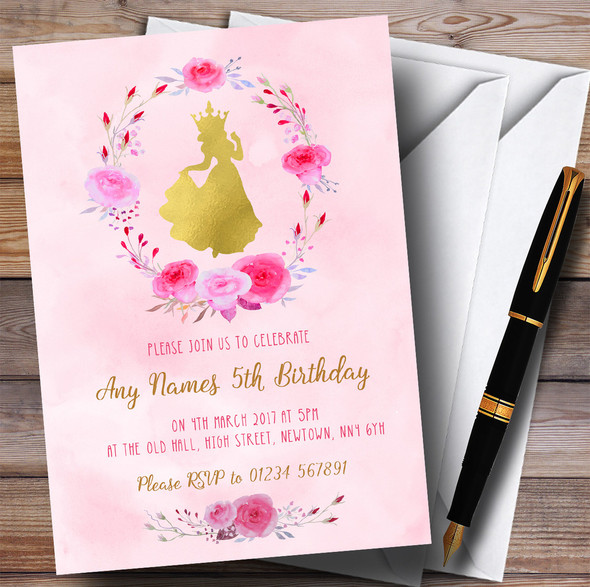 Pink Watercolour Princess Girls Children's Birthday Party Invitations