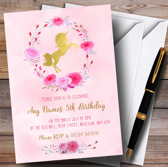 Pink Watercolour Unicorn Girls Children's Birthday Party Invitations
