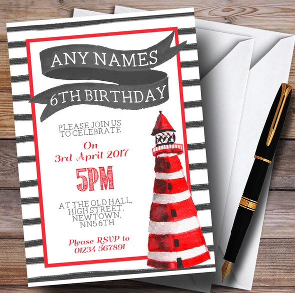 Red & White Nautical Lighthouse Children's Birthday Party Invitations