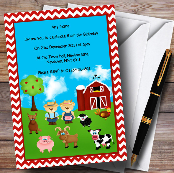 Red Chevrons Farm Animals Children's Birthday Party Invitations