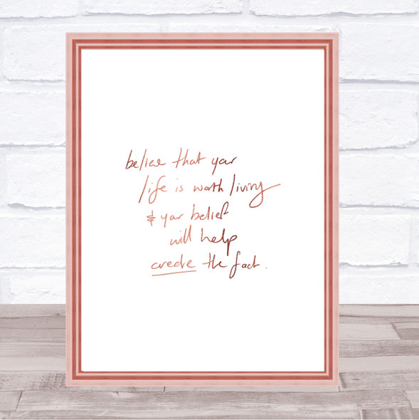 Worth Living Quote Print Poster Rose Gold Wall Art