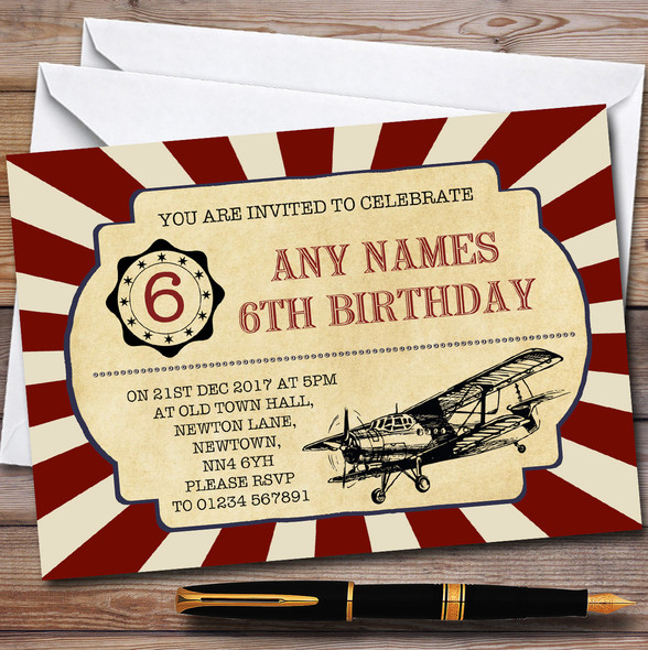 Blue Vintage Aeroplane Cloud Childrens Birthday Party Invitations 