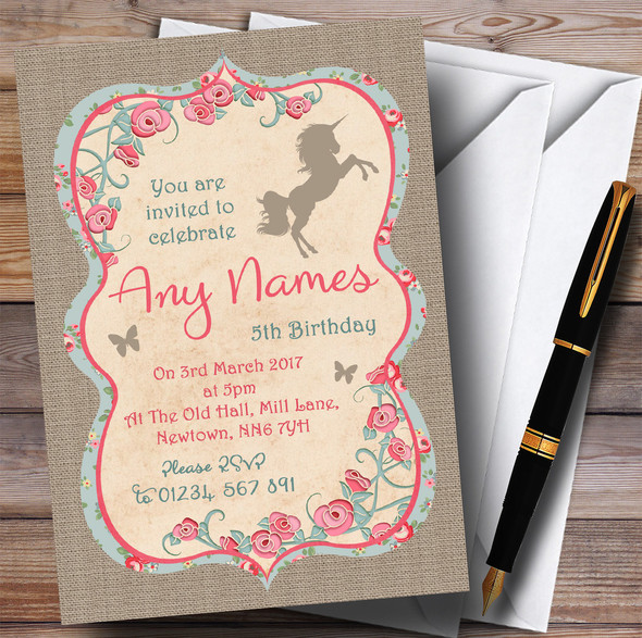 Shabby Chic Burlap Unicorn Children's Birthday Party Invitations