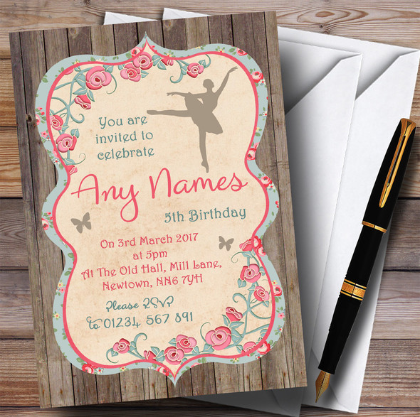 Shabby Chic Woodland Ballerina Ballet Children's Birthday Party Invitations