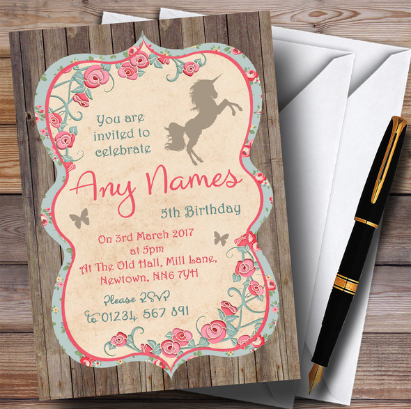 Shabby Chic Woodland Unicorn Children's Birthday Party Invitations