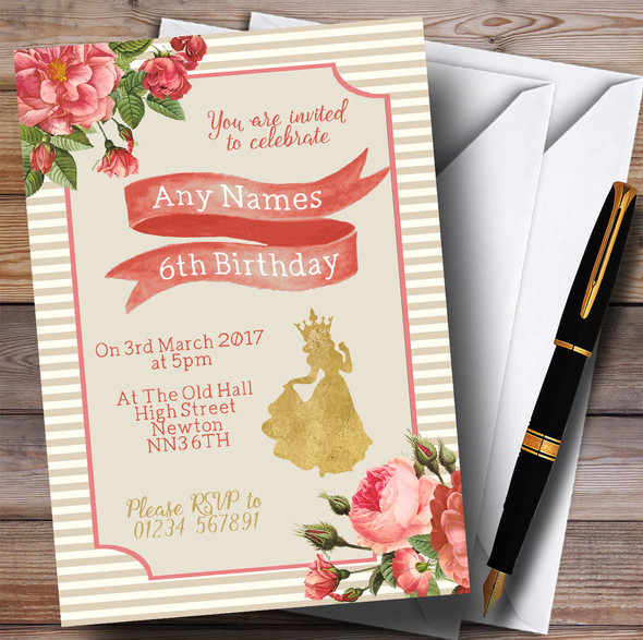 Stripy Floral Pink Gold Princess Children's Birthday Party Invitations