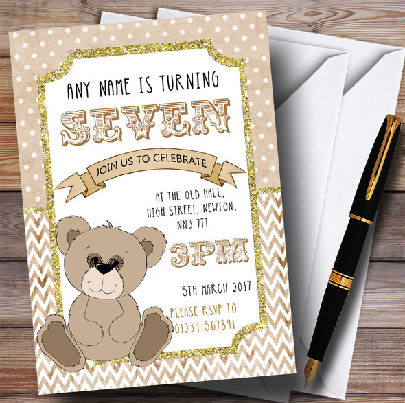 Teddy Bear Glitter Gold Children's Birthday Party Invitations