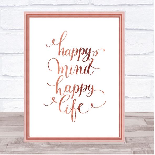 Happy Mind Happy Life Swirl Quote Print Poster Rose Gold Wall Art