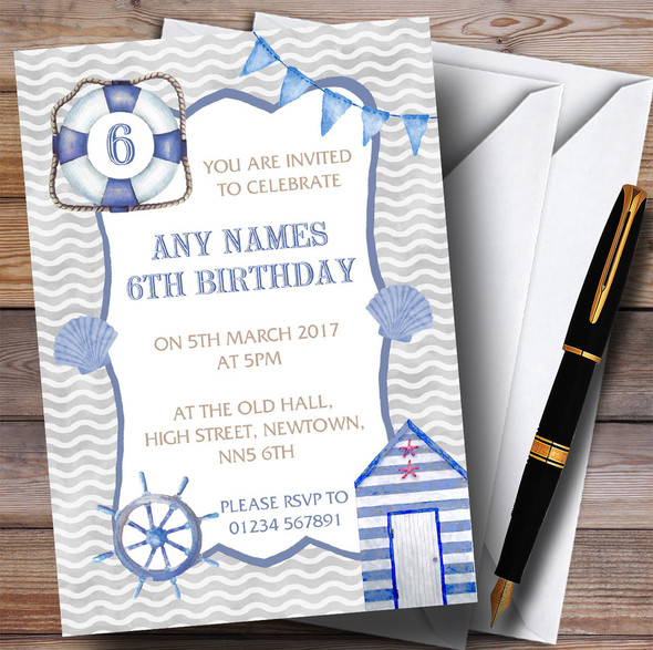 Blue Nautical Beach Watercolour Children's Birthday Party Invitations