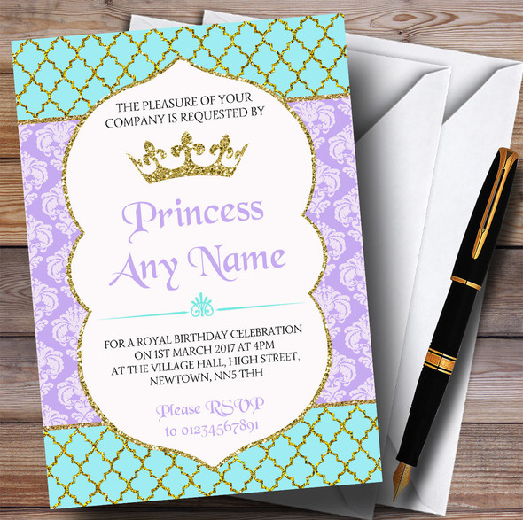 Blue Purple & Gold Princess Royal Children's Birthday Party Invitations