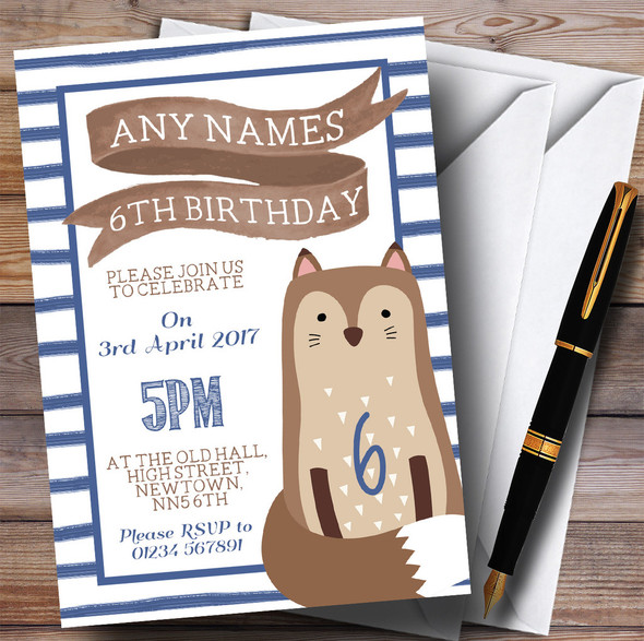 Blue Stripes Fox Children's Birthday Party Invitations