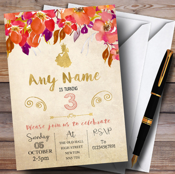 Autumn Gold Princess Children's Birthday Party Invitations