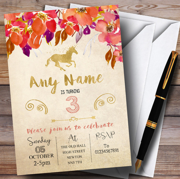 Autumn Gold Unicorn Children's Birthday Party Invitations