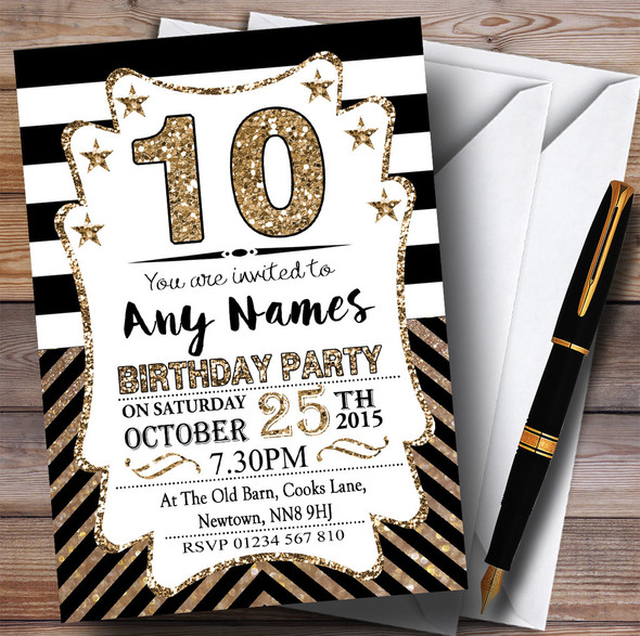 Black & White Bronze Chevrons 10th Personalised Birthday Party Invitations