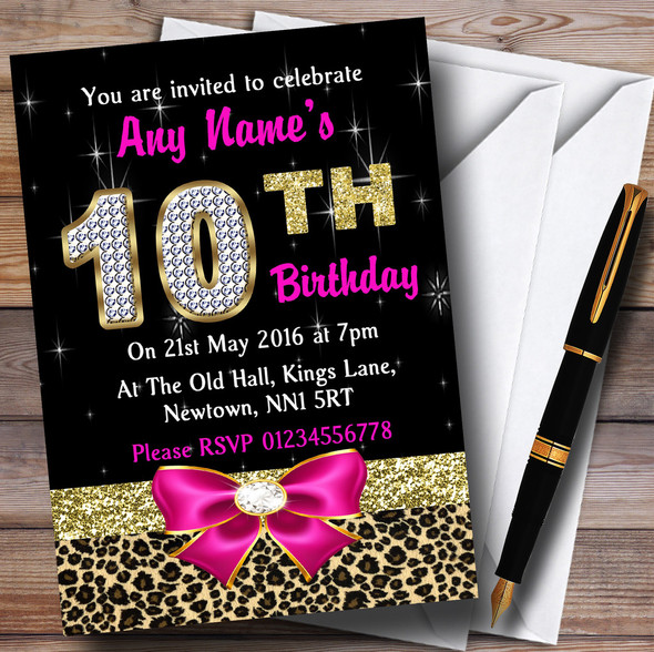 Pink Diamond And Leopard Print 10Th Birthday Party Personalised Invitations