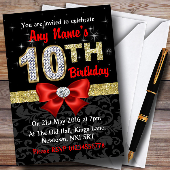 Red Black Gold Diamond 10Th Birthday Party Personalised Invitations