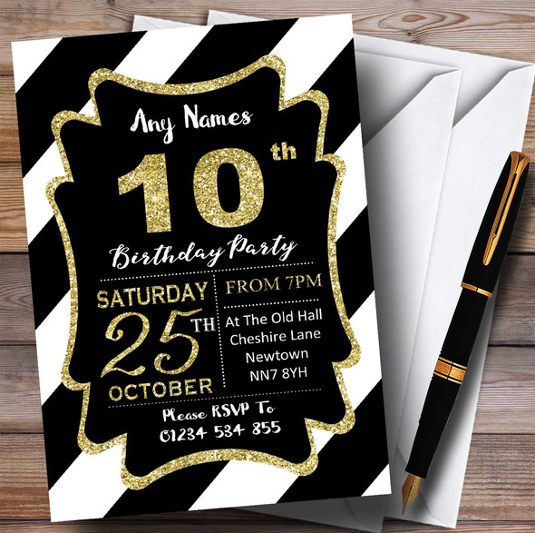 Black White Diagonal Stripes Gold 10th Personalised Birthday Party Invitations