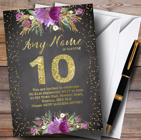 Chalk Watercolour Purple Gold 10th Personalised Birthday Party Invitations