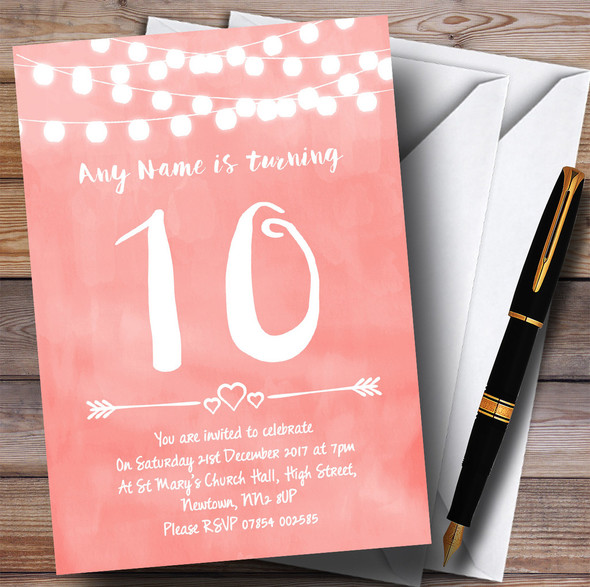 Coral Pink Lights 10th Personalised Birthday Party Invitations