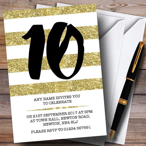 Glitter Gold & White Striped 10th Personalised Birthday Party Invitations