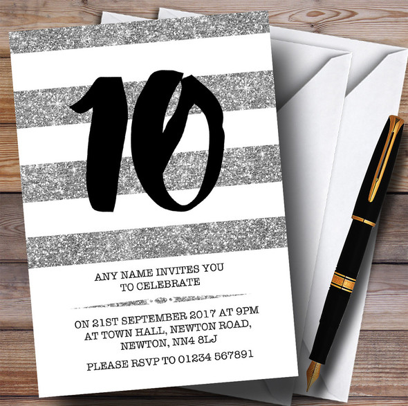 Glitter Silver & White Striped 10th Personalised Birthday Party Invitations