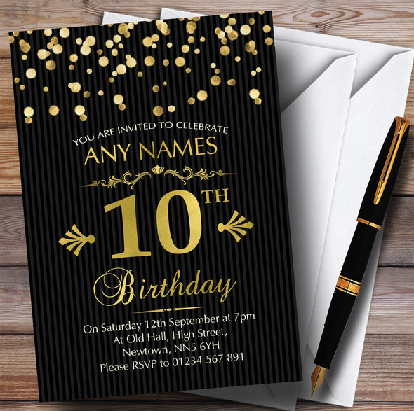 Gold Confetti Black Striped 10th Personalised Birthday Party Invitations