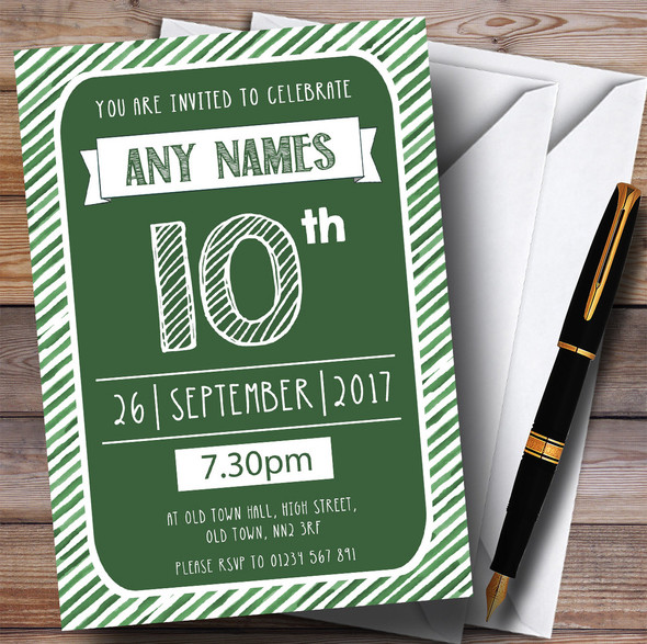 Green & White Stripy Deco 10th Personalised Birthday Party Invitations
