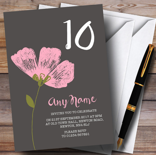 Pink Watercolour Flower 10th Personalised Birthday Party Invitations