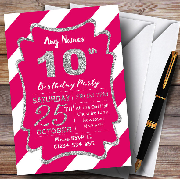 Pink White Diagonal Stripes Silver 10th Personalised Birthday Party Invitations