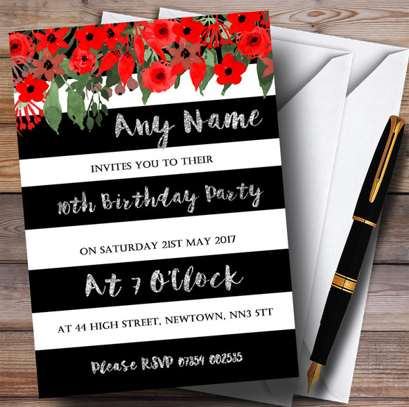 Red Floral Black White Silver 10th Personalised Birthday Party Invitations
