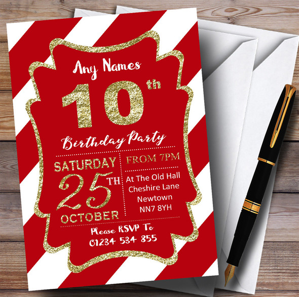 Red White Diagonal Stripes Gold 10th Personalised Birthday Party Invitations