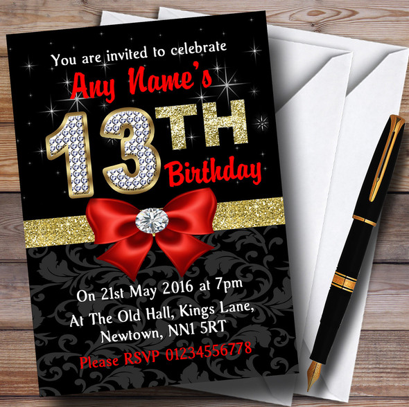 Red Black Gold Diamond 13Th Birthday Party Personalised Invitations